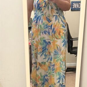 Whiskey Kiss Tropical Maxi Dress in Blue and Yellow